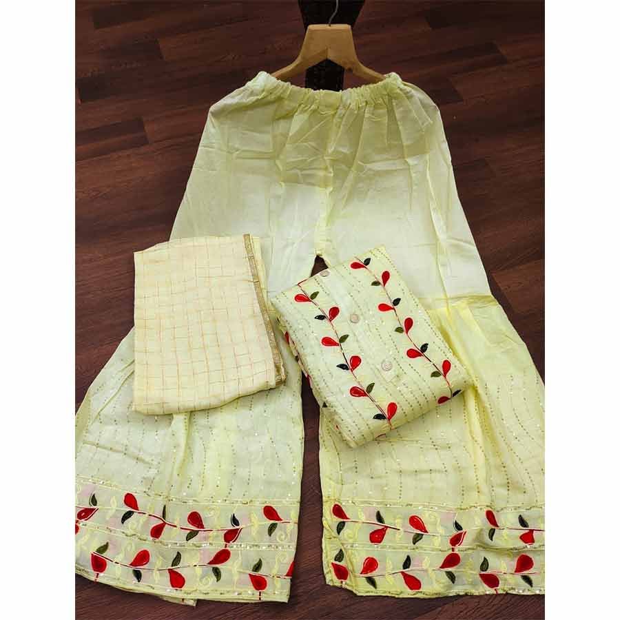 Cotton Linen Embroidered Kurta and Sharara Fabric