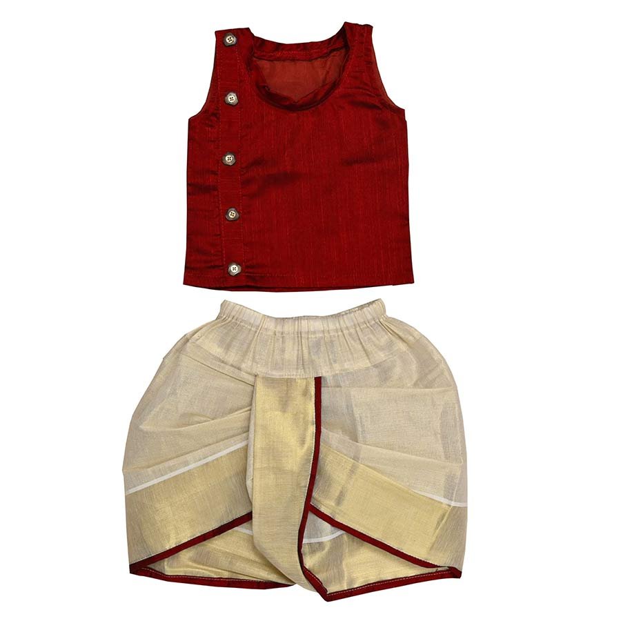 Styled in traditional Indian colour palette and crafted in auspicious Kerala Kasavu , this 2pc dhoti set is a perfect pick for your little one for any traditional occasions.