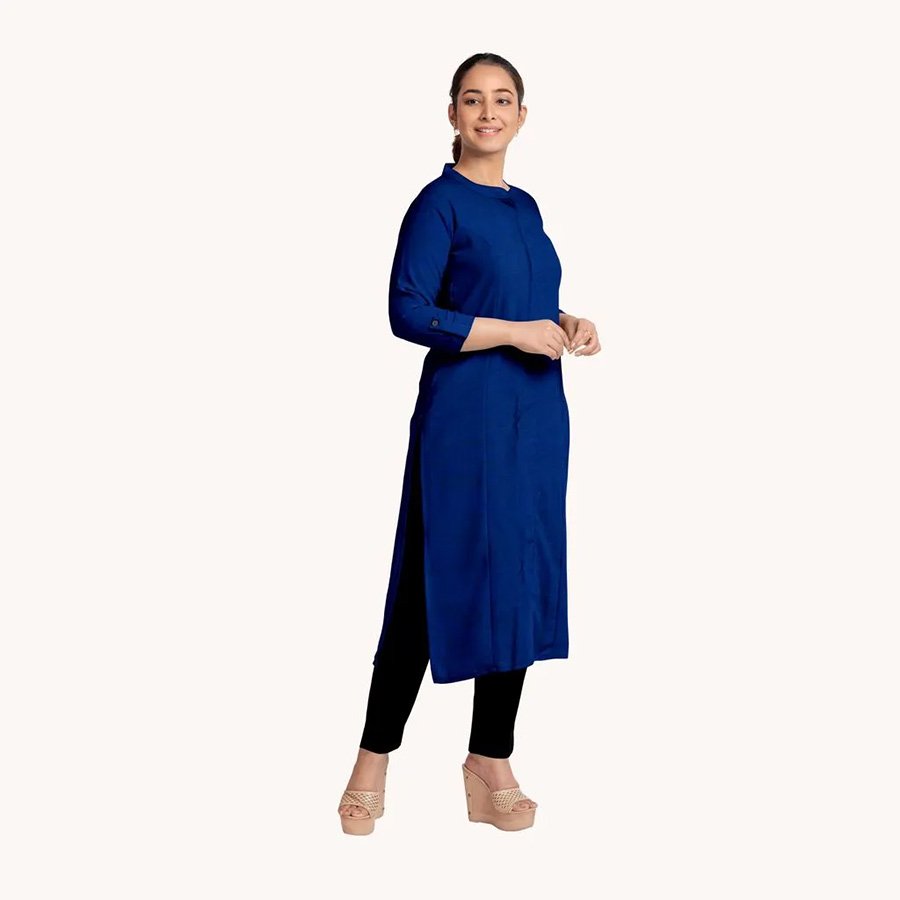 An exceptional choice for your daily wardrobe, this long Kurti is elevated with roll-up sleeves and a mandarin collar. Showcasing a classic blue shade, this long kurta is the epitome of effortless elegance.