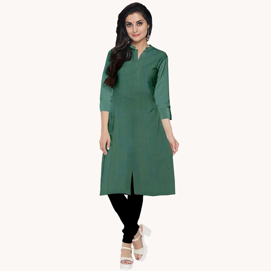 Tailored with fine and breathable hand-woven fabric, this long Kurti with princess cut and roll-up sleeves is a wardrobe staple for every woman.