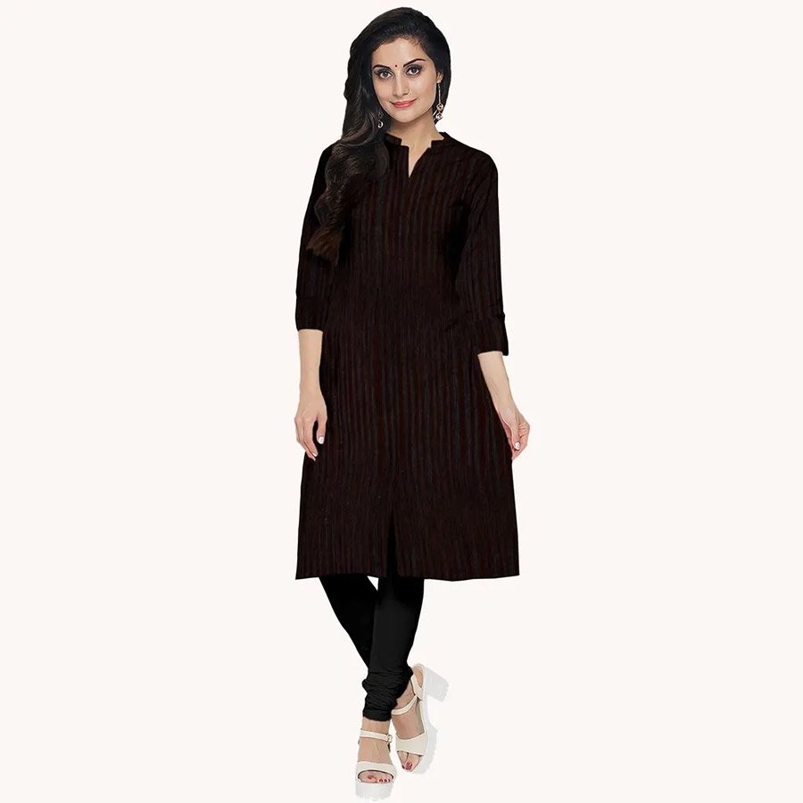 Tailored with fine and breathable hand woven fabric, this long kurti with princess cut and roll up sleeves is a wardrobe staple for every women.