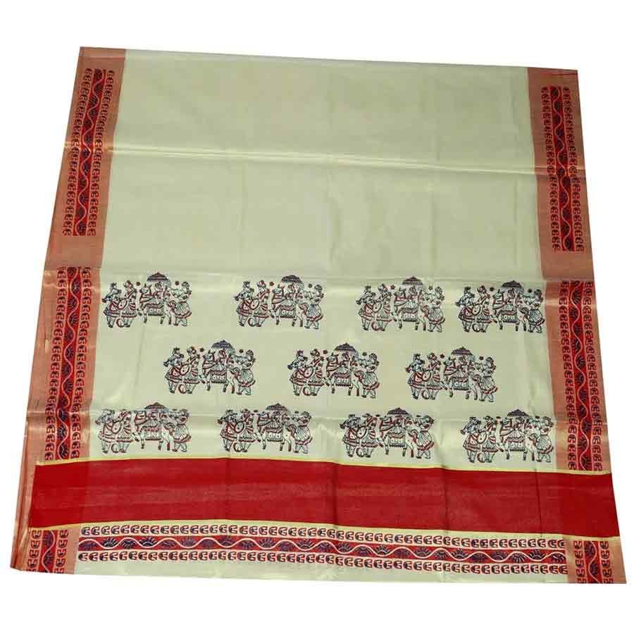 Traditional Kasavu Saree With Wedding Hand Block Print