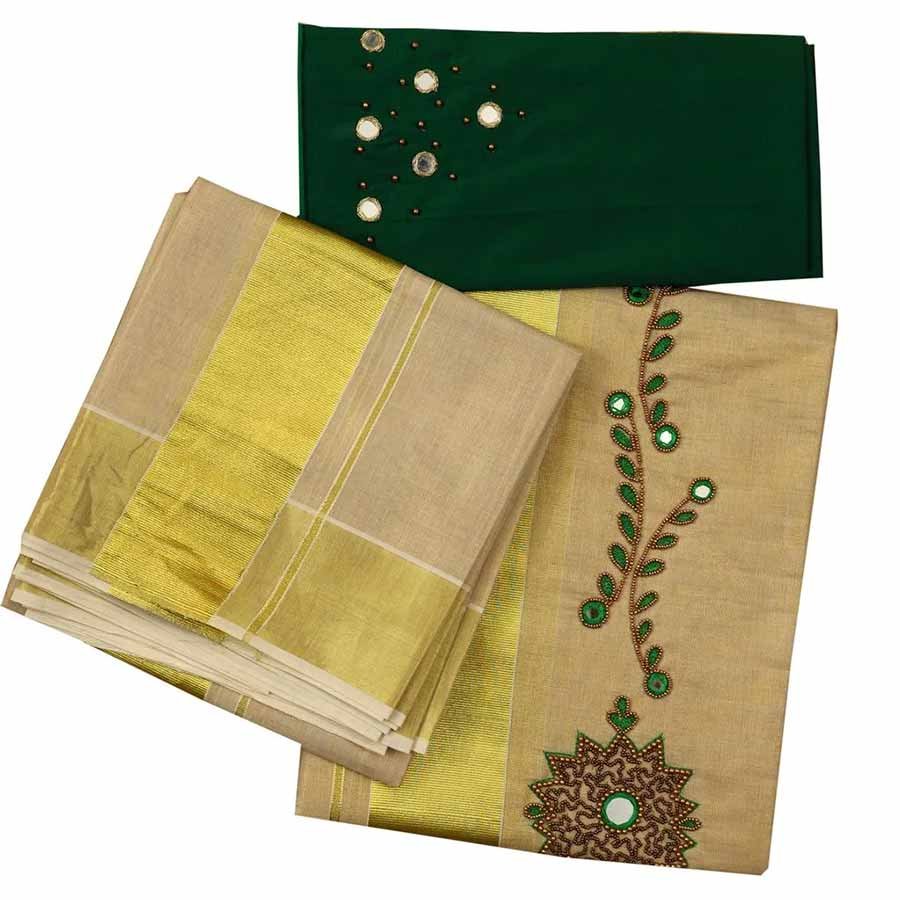 Tissue Setmundu With Beads Work And Green Embroidery