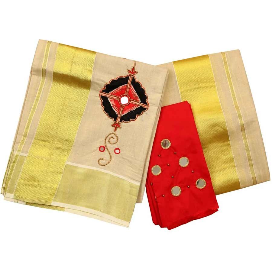 Tissue Set Mundu With Red Embroidery And Mirror Work