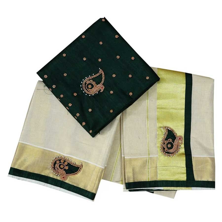 Tissue Cotton Set Mundu With Hand Work Embroidery