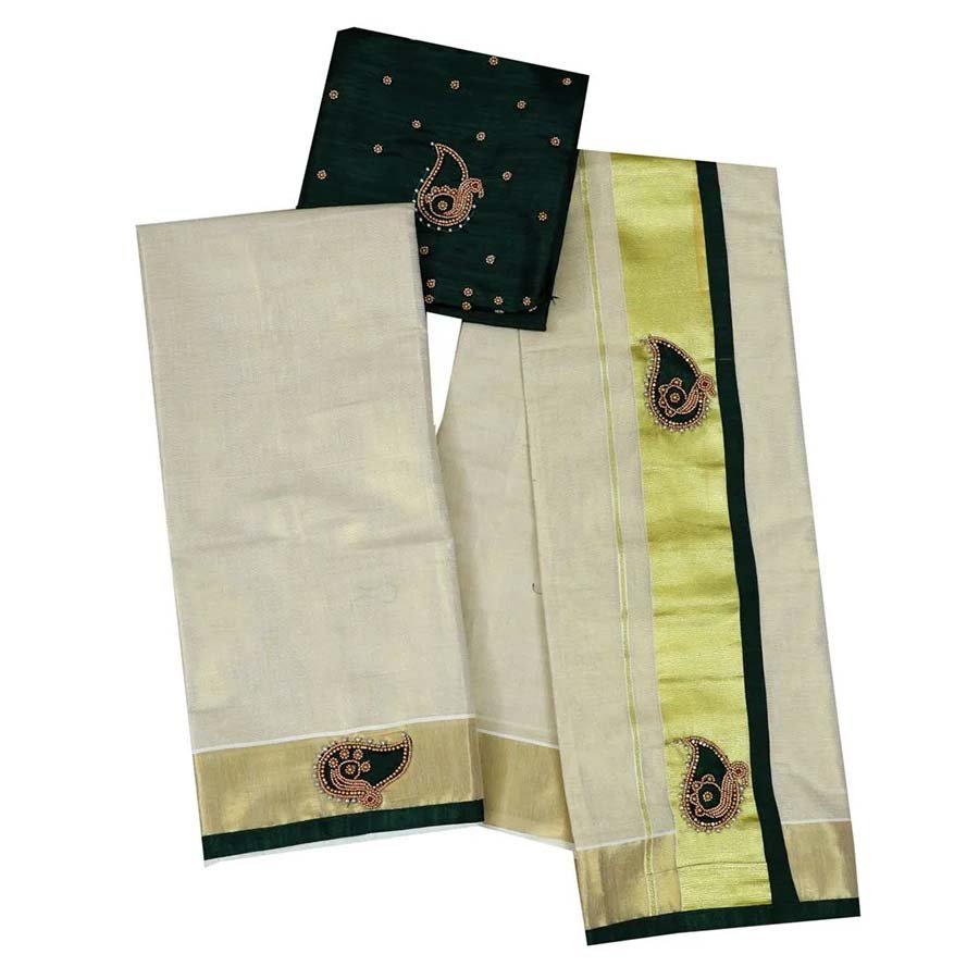 Tissue Cotton Set Mundu With Hand Work Embroidery