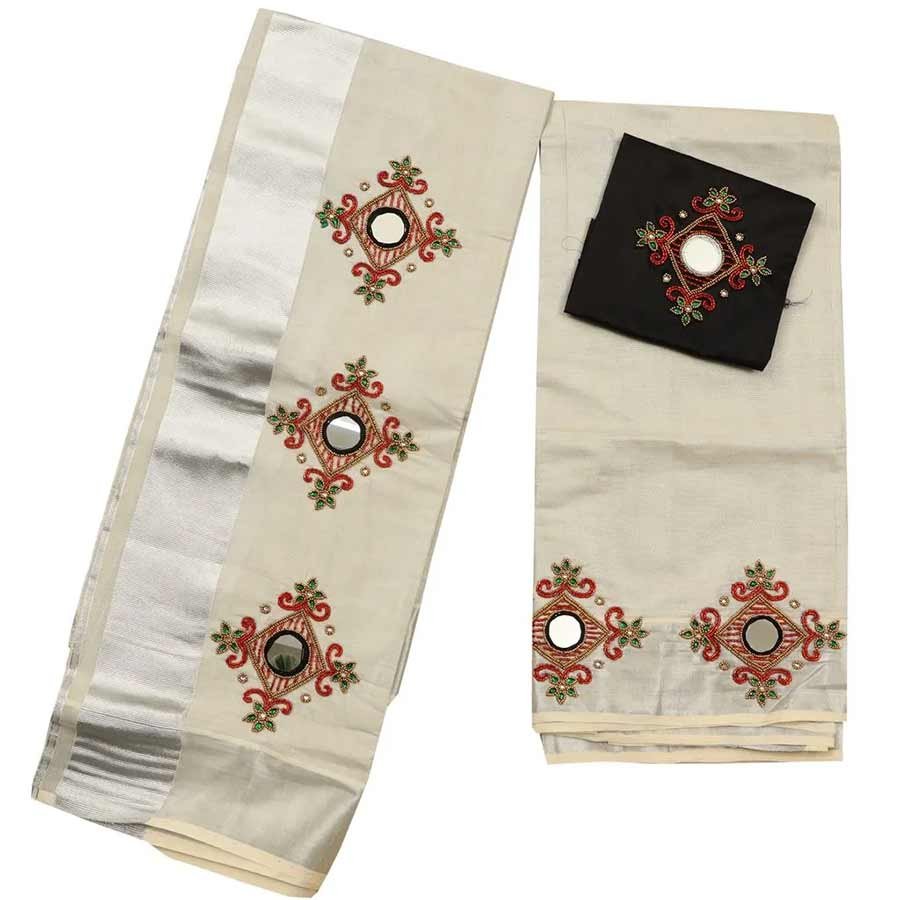 Silver Tissue Setmundu With Beads And Mirror Embroidery
