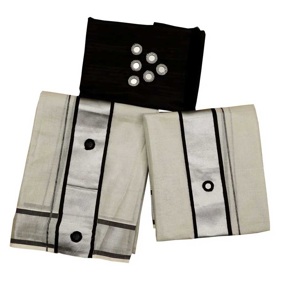 Silver Tissue Set Mundu Black Border With Mirror Work