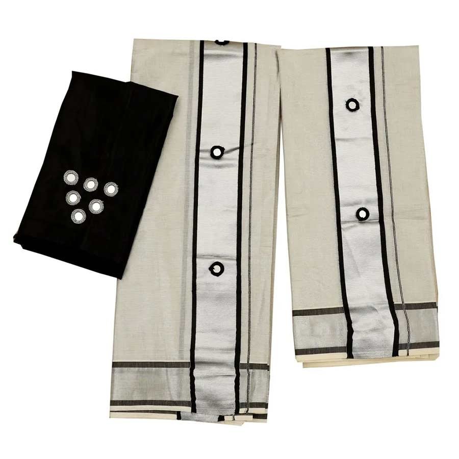 Silver Tissue Set Mundu Black Border With Mirror Work