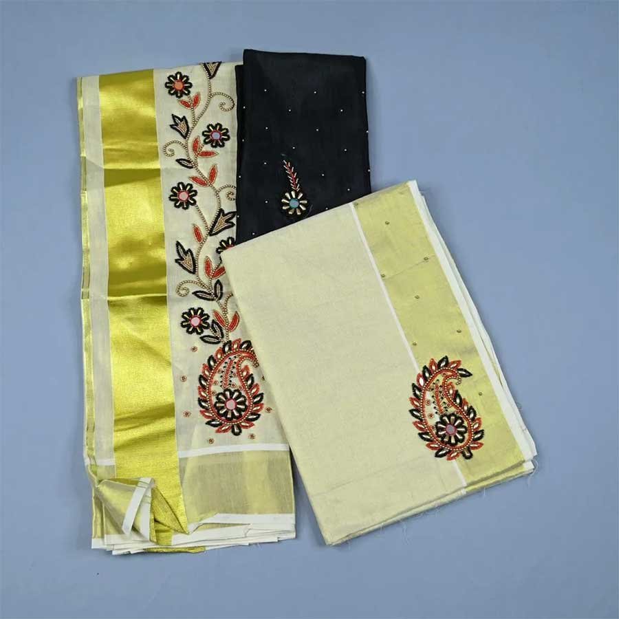 Realistic in beauty and Enigmatic in feel... An ethnic Kerala tissue kasavu Mundum Neriyathum adorned with floral embroidery in zari borders. Add these beautiful intricate hand-embroidered set mundu to your collection. Made to Order