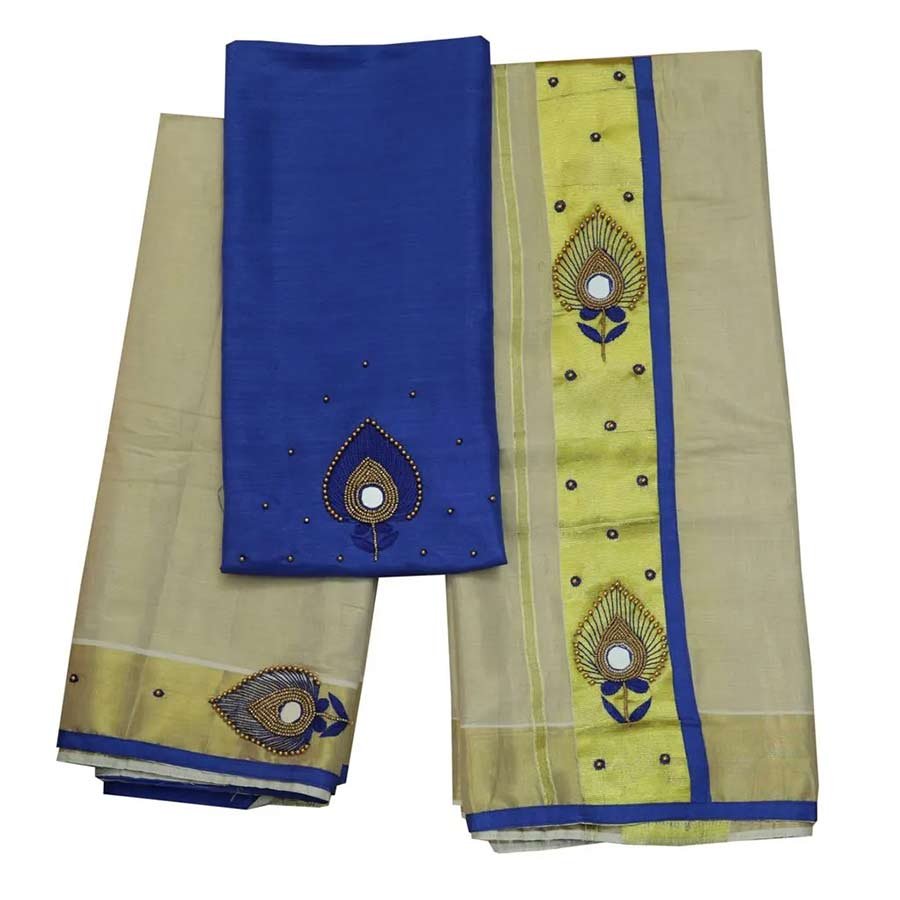 This classic kasavu tissue Mundum Neriyathum from Ekatva is designed with no overload of bling, is embellished with finest shisha based embroidery in vintage Indian motifs. Dazzle events by adding our kasavu set mundu to your wardrobe from our exquisite online store.