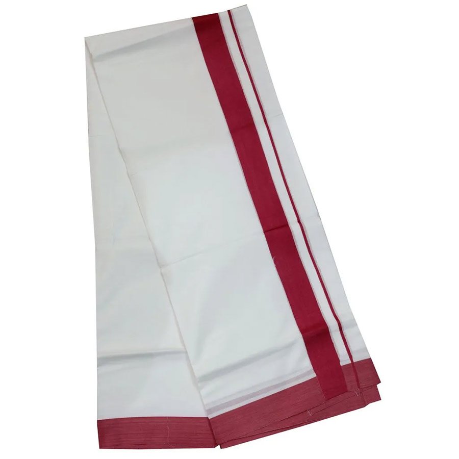 Men's Light Red Border Double Dhoti With Extra Length