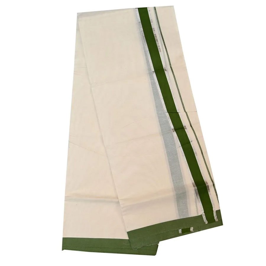 Mens Cream Double Dhoti With Green Kara Bordered With Silver Line