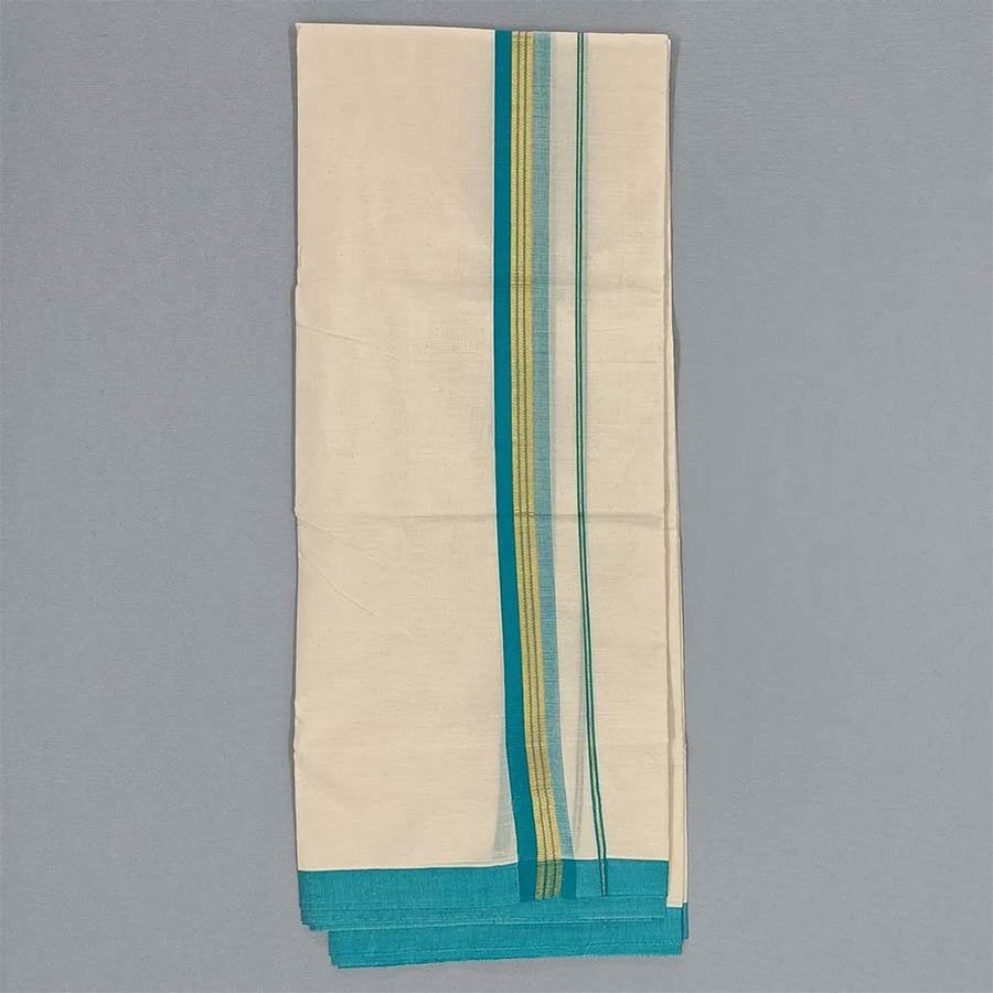 Men's Cream Double Dhoti With Blue And Golden Border