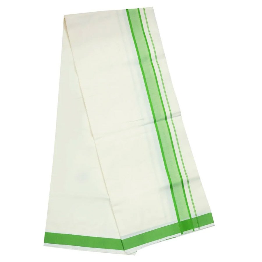 Men's Cotton Off White Single Dhoti With Light Green Border