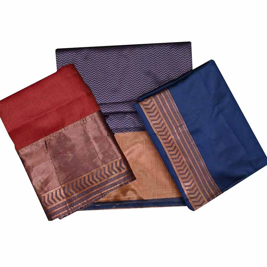 An ode to south Indian classic drapes. An exquisite half saree in a festive combination of hues. Embrace this festival season with this one of a kind traditional drape with intricately woven zari border.