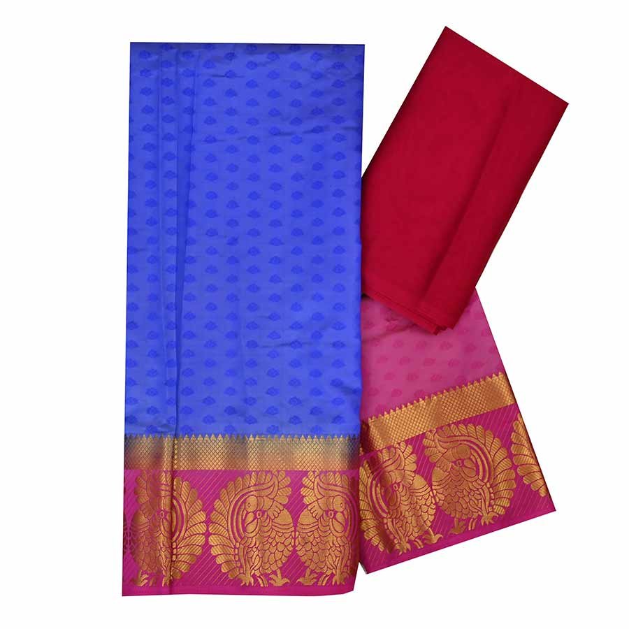 Vibrant, vivid and vivacious, a timeless vintage half saree in striking hues. Own every functions you attend with our exclusive ethnic drapes.