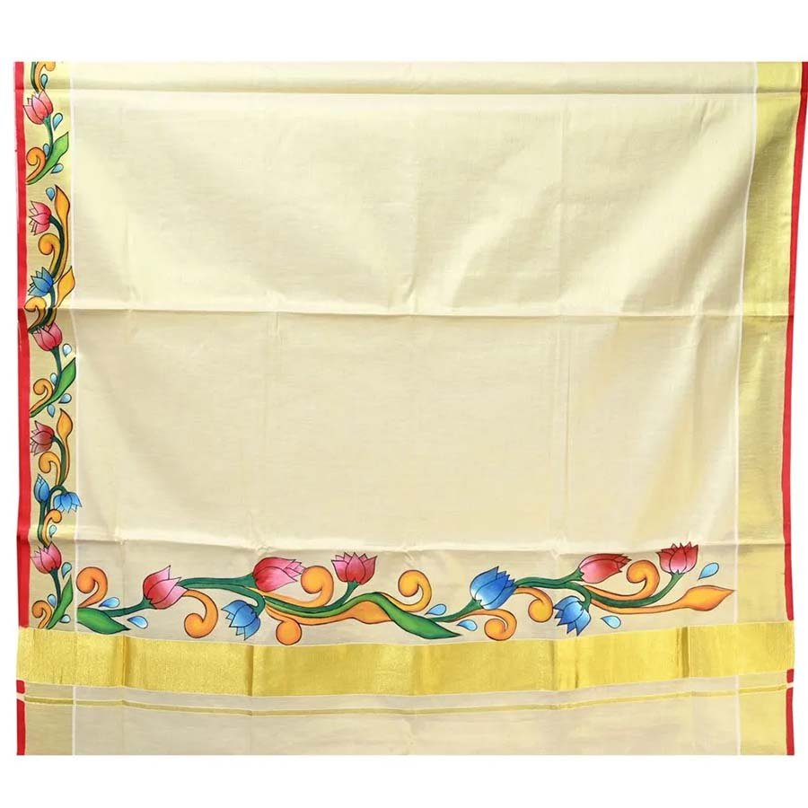 Hand-Painted Kerala Kasavu Saree. (Item is made to order and will ship in 15-20 days after order confirmation)

