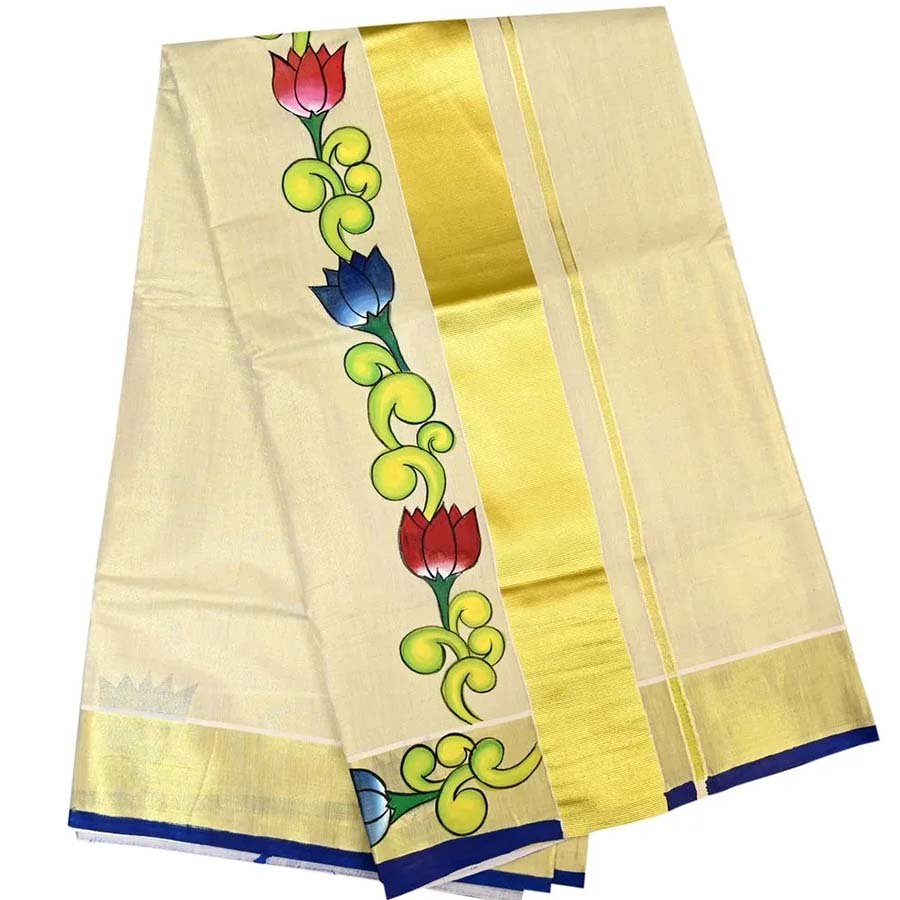 Hand-Painted Kerala Kasavu Saree. (Item is made to order and will ship in 15-20 days after order confirmation)