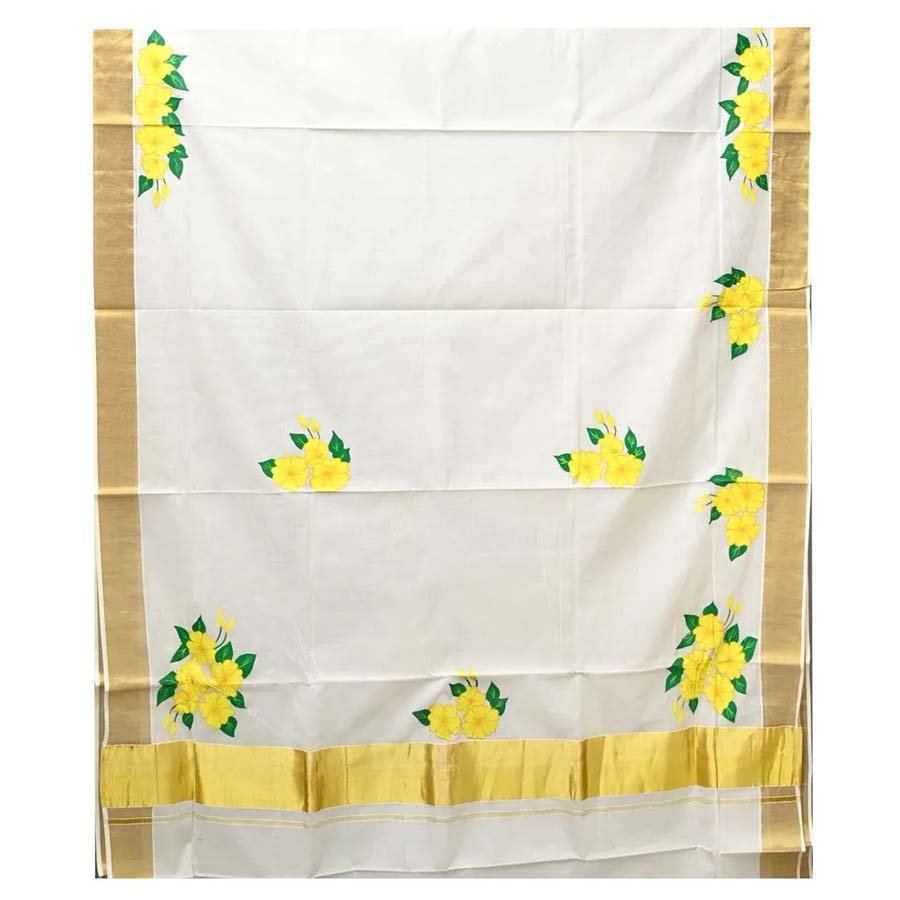 Painted Kerala Kasavu Saree. (Item is made to order and will ship in 15-20 days after order confirmation)
