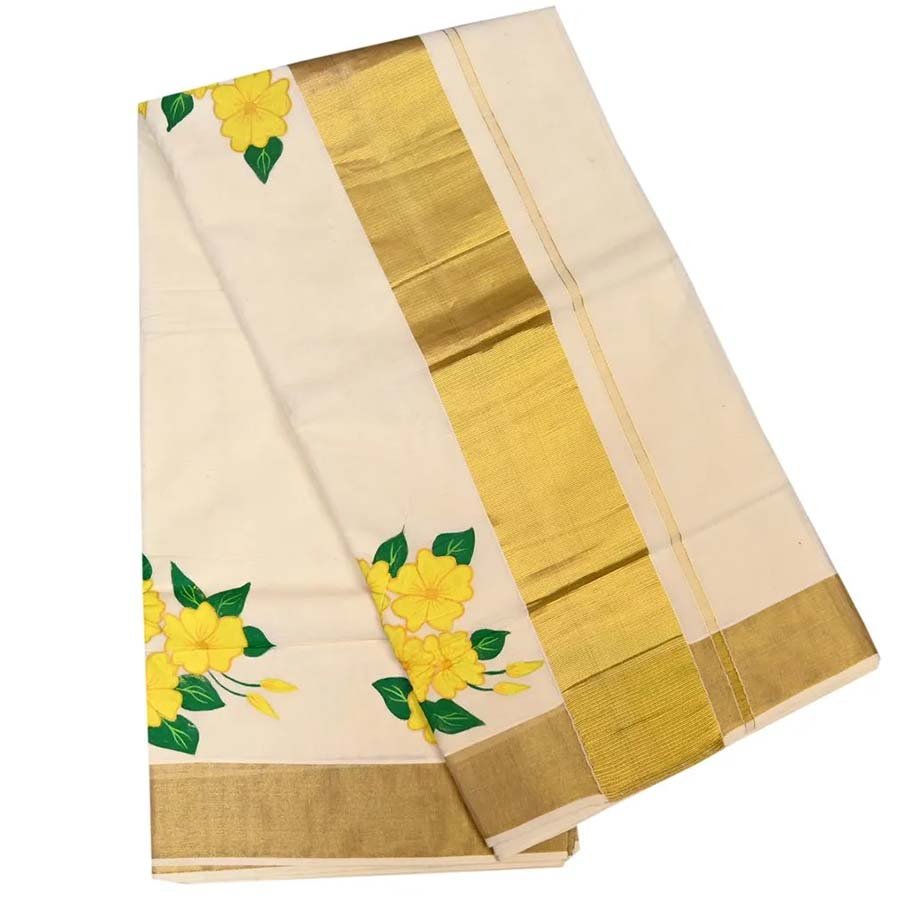 Painted Kerala Kasavu Saree. (Item is made to order and will ship in 15-20 days after order confirmation)
