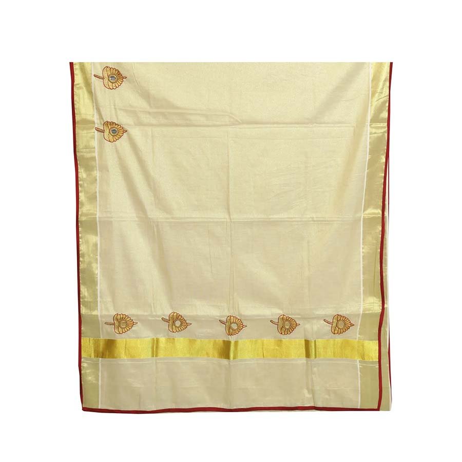 Kerala Kasavu Saree with Embroidery. (Item is made to order and will ship in 15-20 days after order confirmation)
