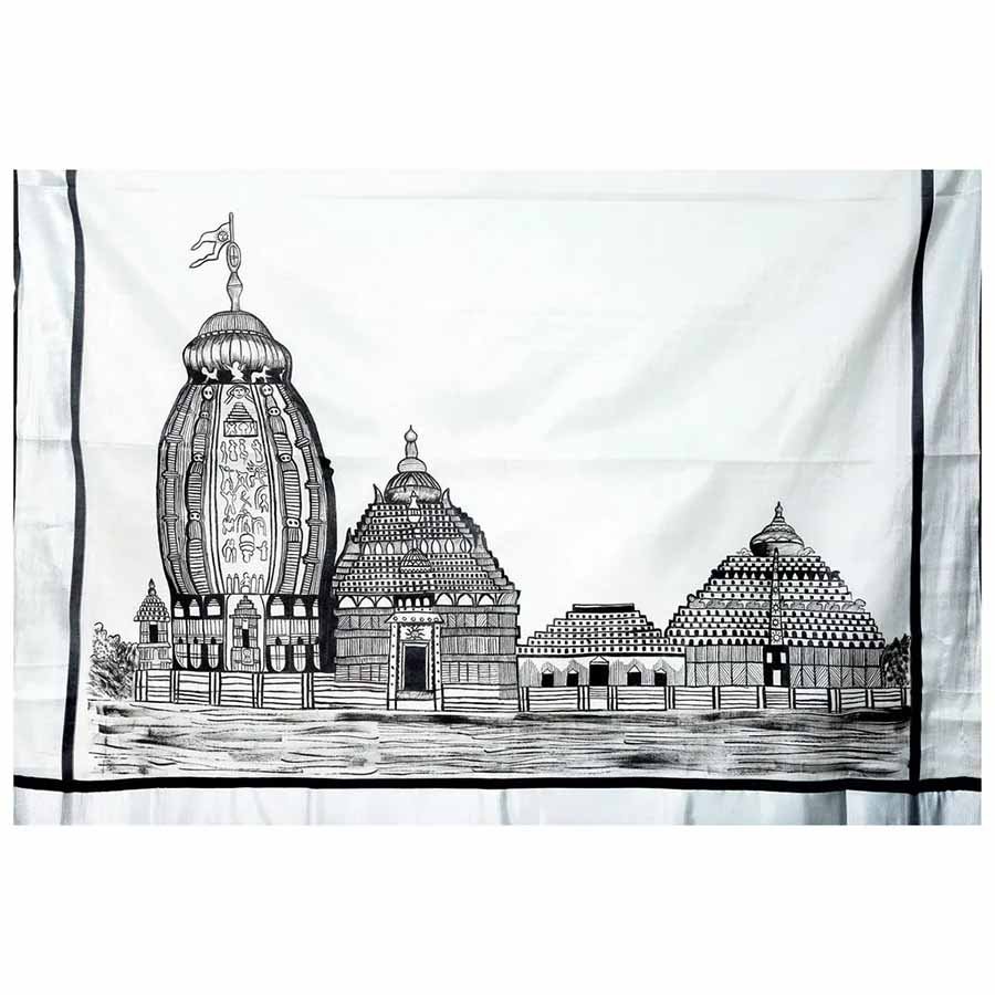 Silver And Black Border Tissue Kerala Saree With Hand Painting
