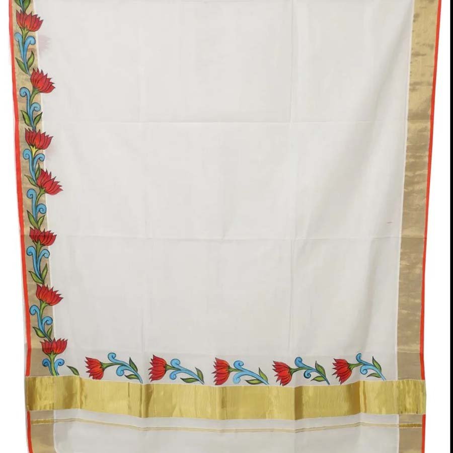  Hand Painted Kerala Kasavu Saree With Lotus Motif
