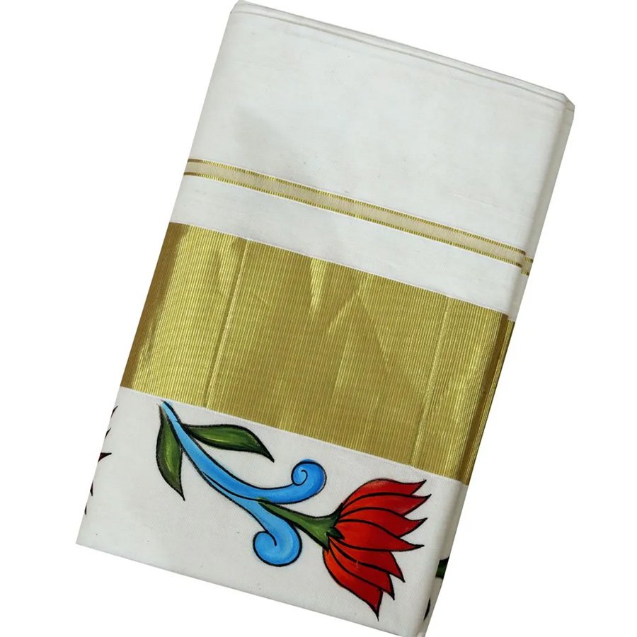  Hand Painted Kerala Kasavu Saree With Lotus Motif
