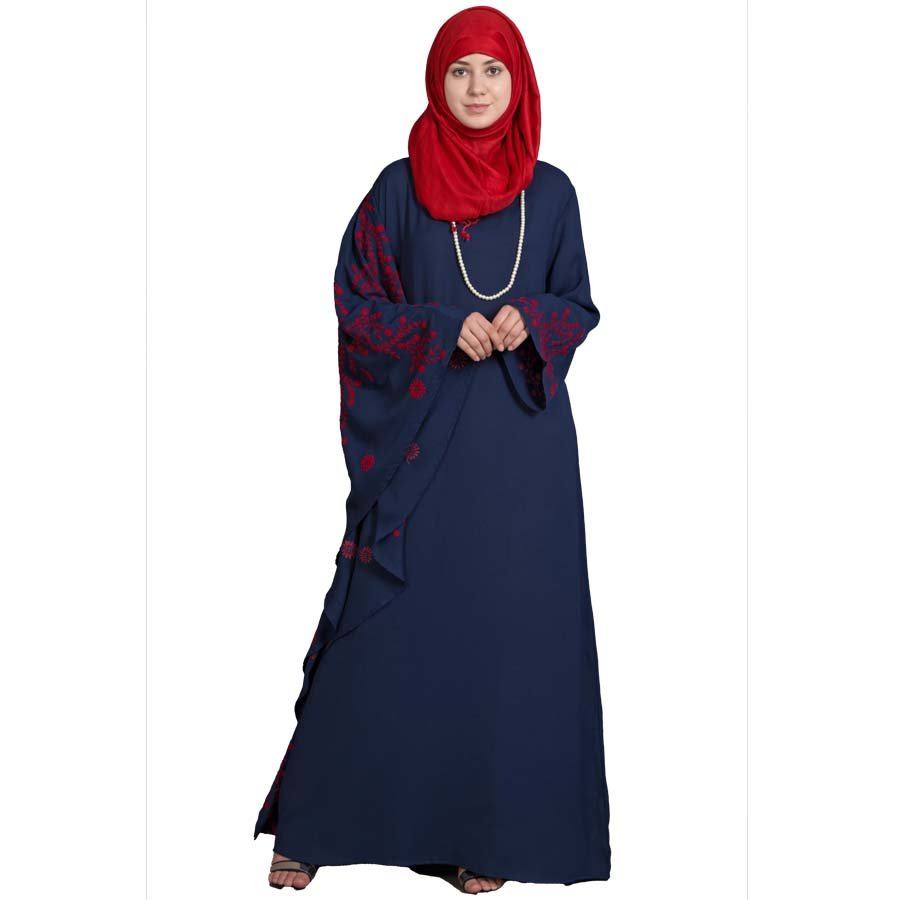 Nazneen embroidered Butterfly Sleeve  Party  Abaya Navy Red