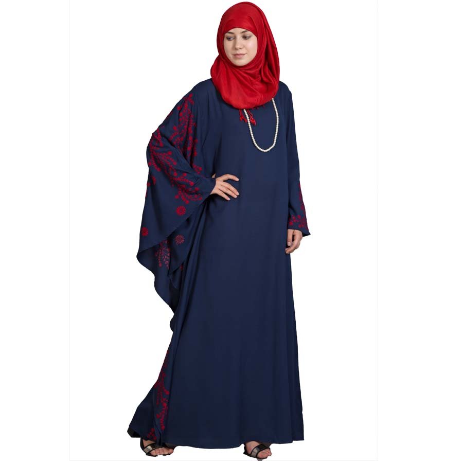 Nazneen embroidered Butterfly Sleeve  Party  Abaya Navy Red