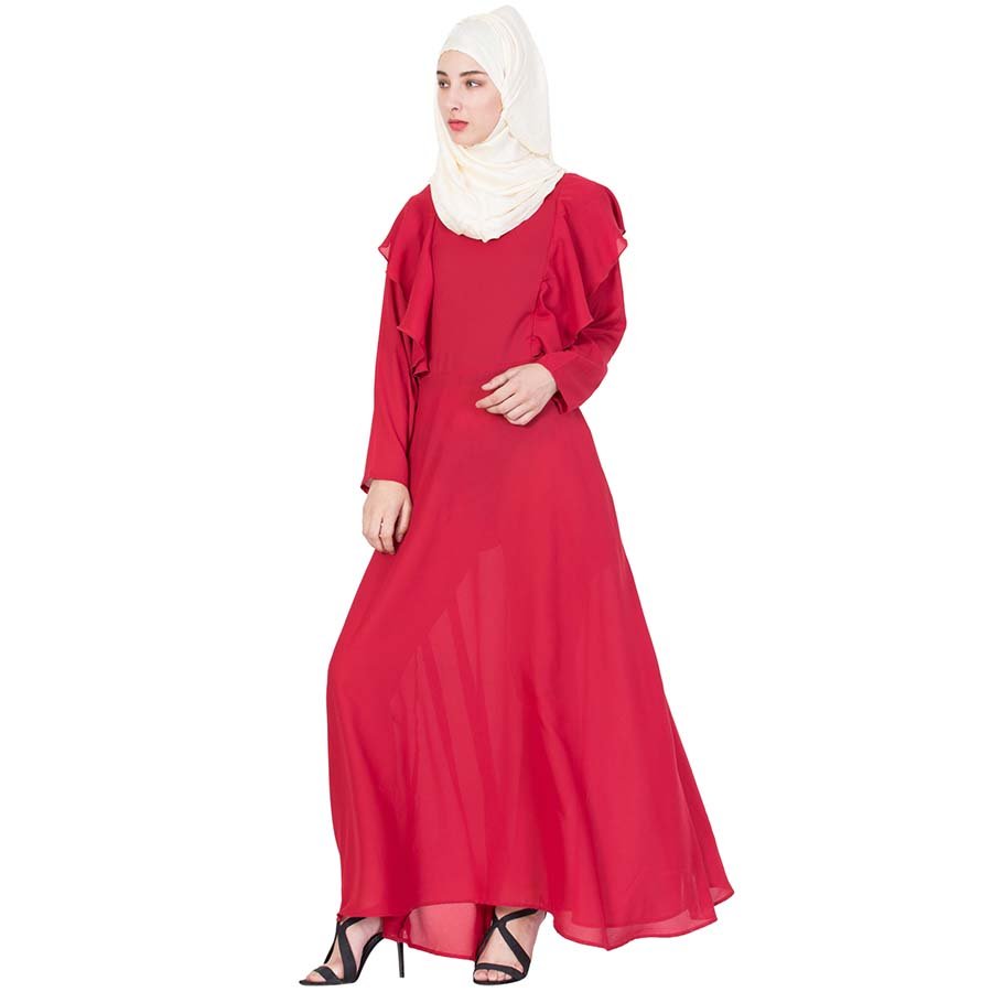 Nazneen Frill Casual Daily Wear Collage Girls Abaya Red