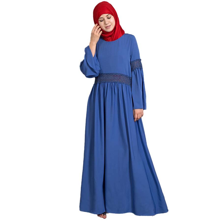 Nazneen Lace at Waist and Sleeve Classic Abaya Electric Blue
