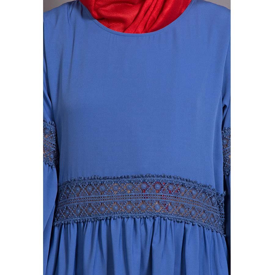 Nazneen Lace at Waist and Sleeve Classic Abaya Electric Blue