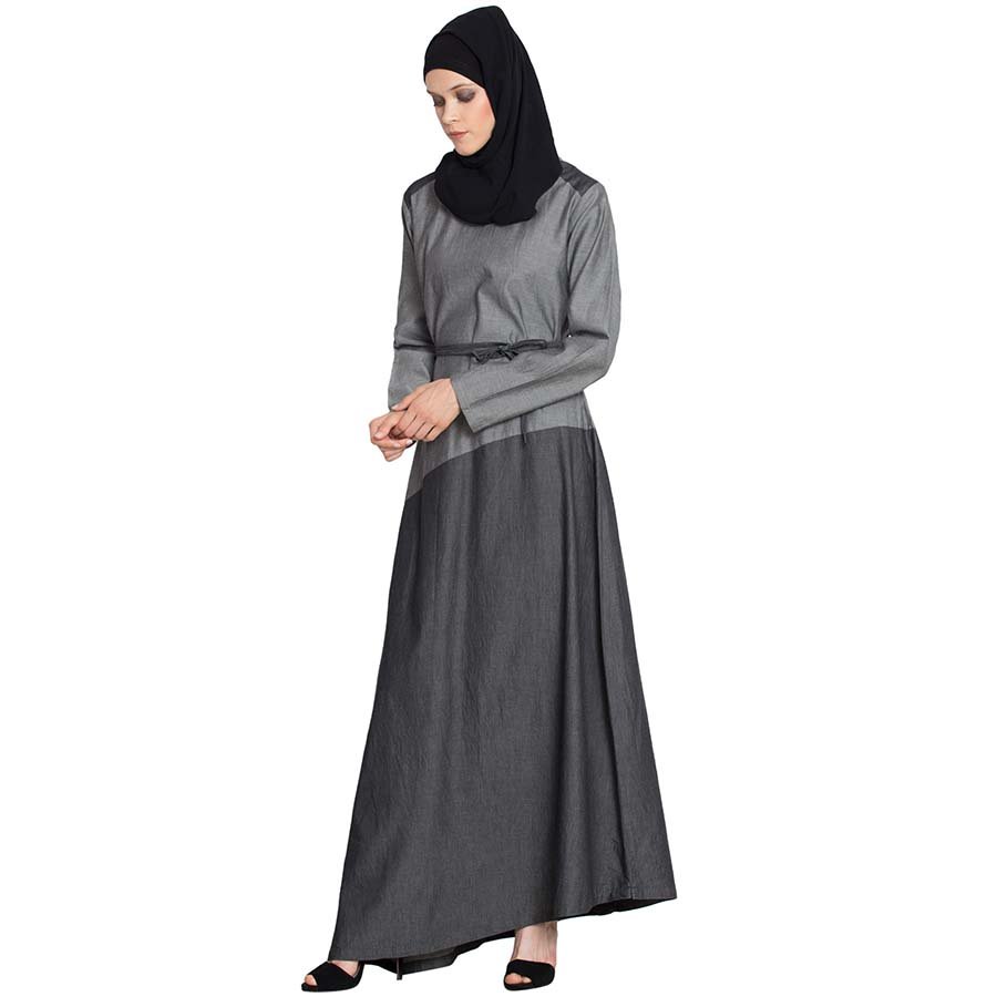 Nazneen Asymmetrical Contrast Skirt Casual Abaya Silver Grey Black