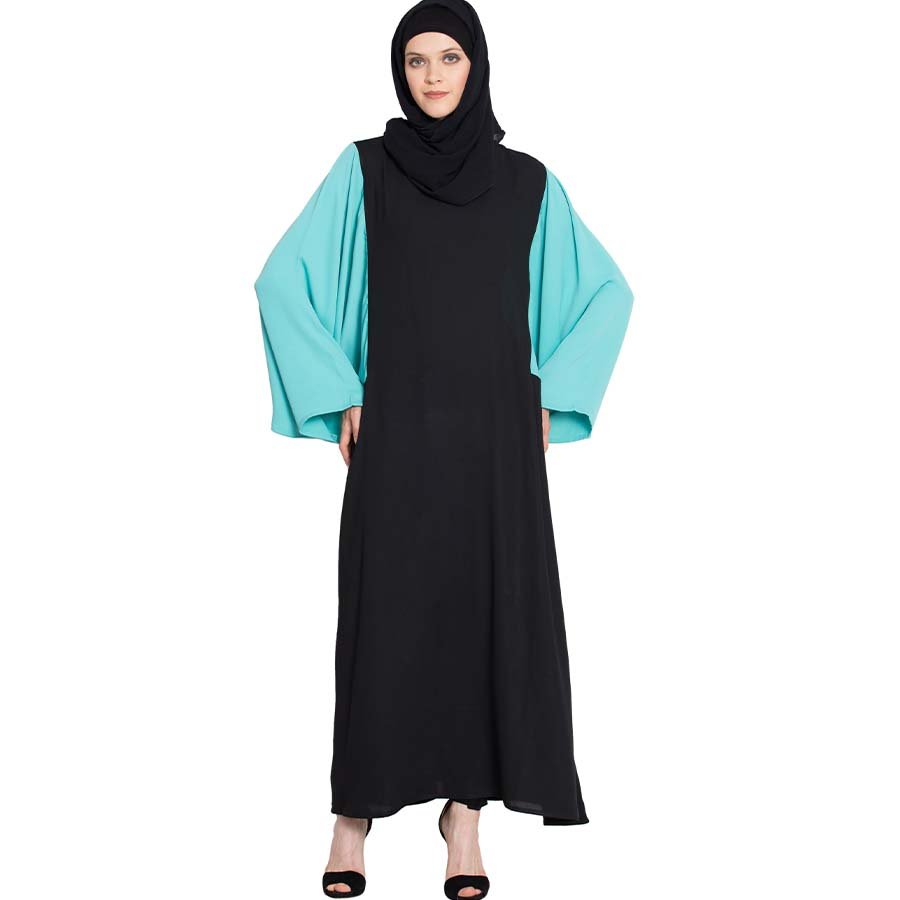 Nazneen Contrast Sleeve Casual Abaya Black Aqua