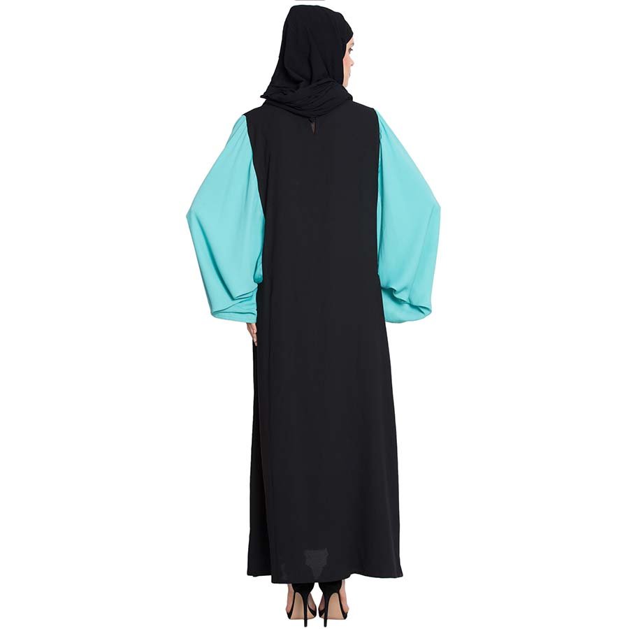 Nazneen Contrast Sleeve Casual Abaya Black Aqua