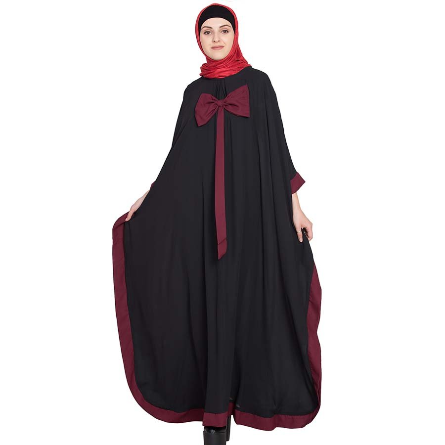 Nazneen Kaftan Style Bow Abaya Black Maroon