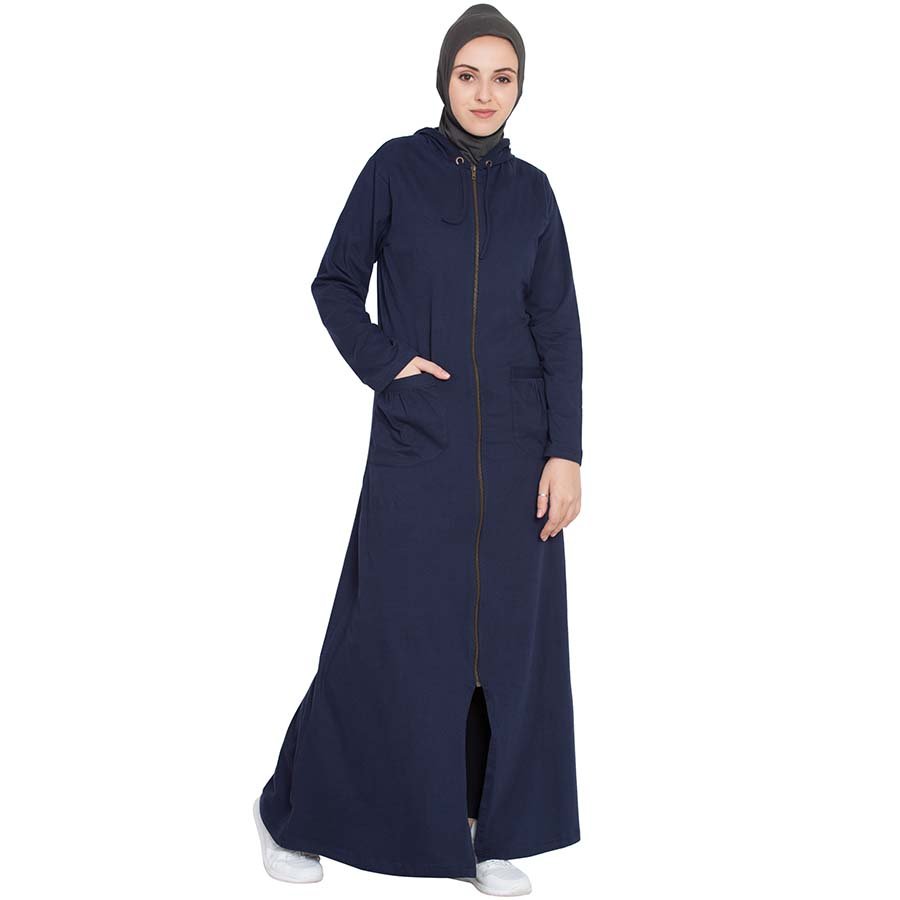 Nazneen Front Open Patch Pocket Hood Travel Abaya Navy Blue