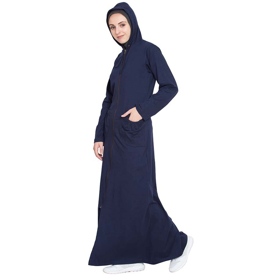 Nazneen Front Open Patch Pocket Hood Travel Abaya Navy Blue