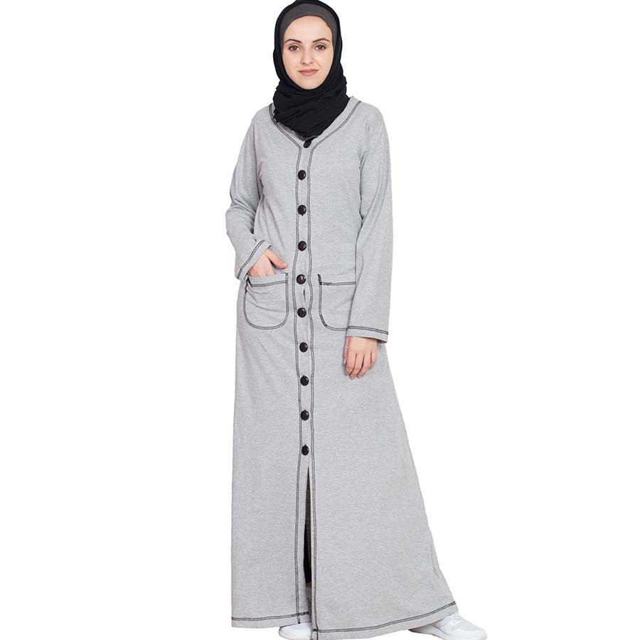 Nazneen Front Open Contrast Stitching Travel Cardigan Abaya Silver Grey