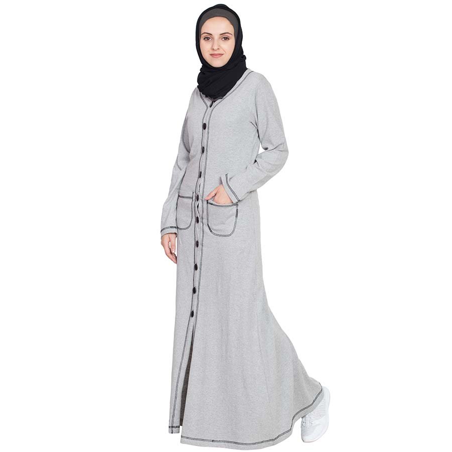 Nazneen Front Open Contrast Stitching Travel Cardigan Abaya Silver Grey