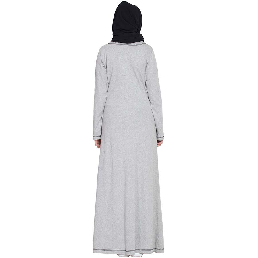 Nazneen Front Open Contrast Stitching Travel Cardigan Abaya Silver Grey