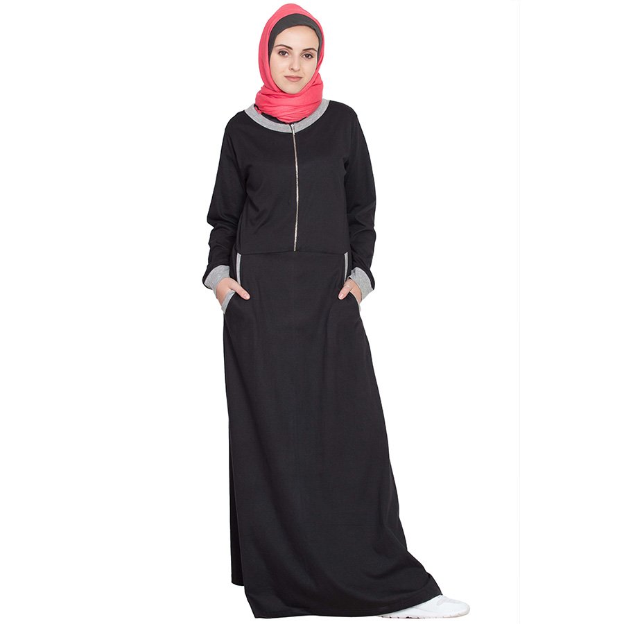 Nazneen Front Closer Contrast Band Cuff Travel Abaya Black Grey