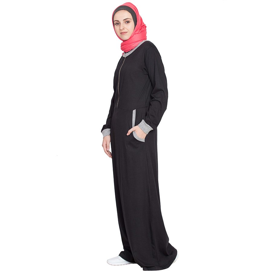 Nazneen Front Closer Contrast Band Cuff Travel Abaya Black Grey