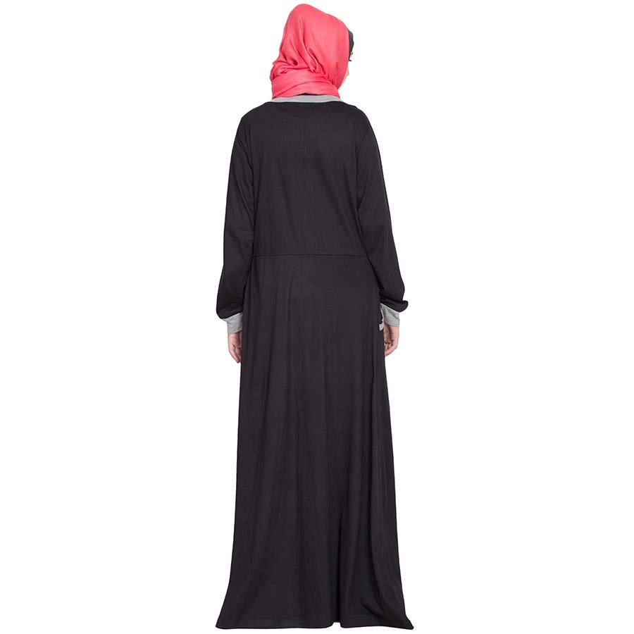 Nazneen Front Closer Contrast Band Cuff Travel Abaya Black Grey