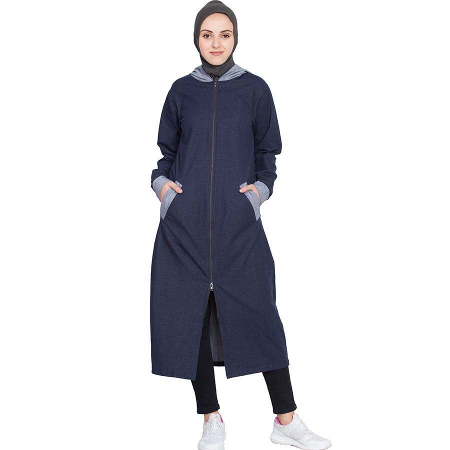 Nazneen Front Open With Hood Jersey Sports Abaya Navy Blue