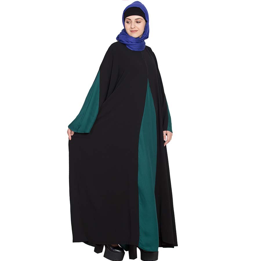 Nazneen Contrast Yoke At Front Back And Sleeve A line Abaya Black Green