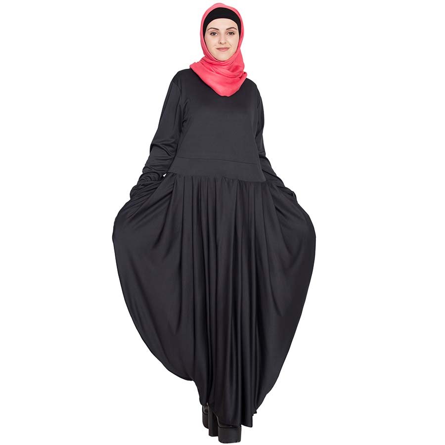 Nazneen Pleating At Waist Stretchable Knits Travel Abaya Black