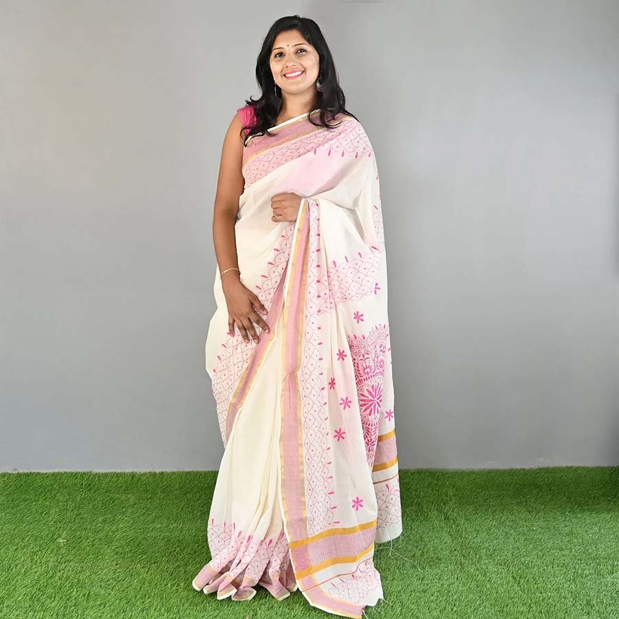 Kerala Saree With Kantha Embroidery